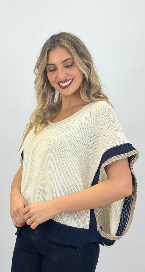 Camisola/colete malha bege com azul-marinho e camel hover