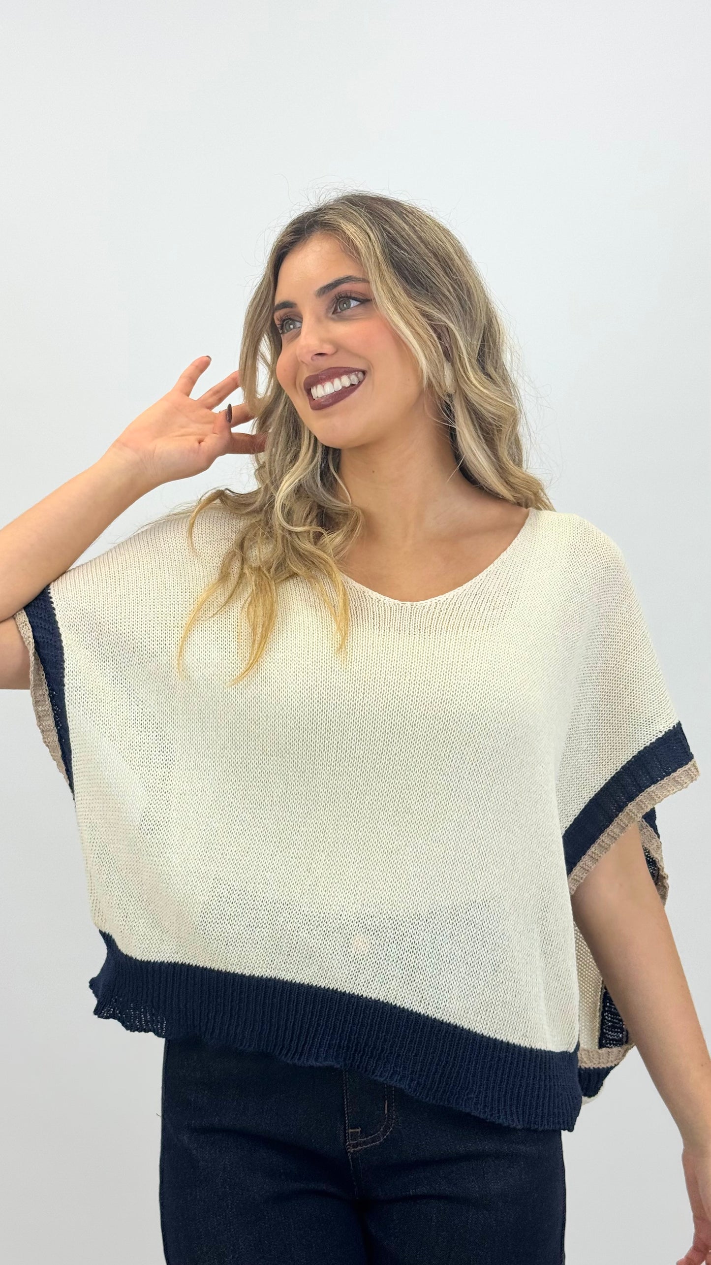 Camisola/colete malha bege com azul-marinho e camel
