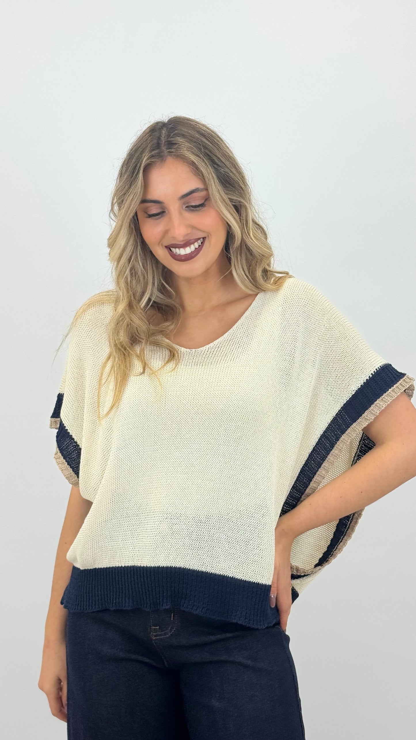 Camisola/colete malha bege com azul-marinho e camel