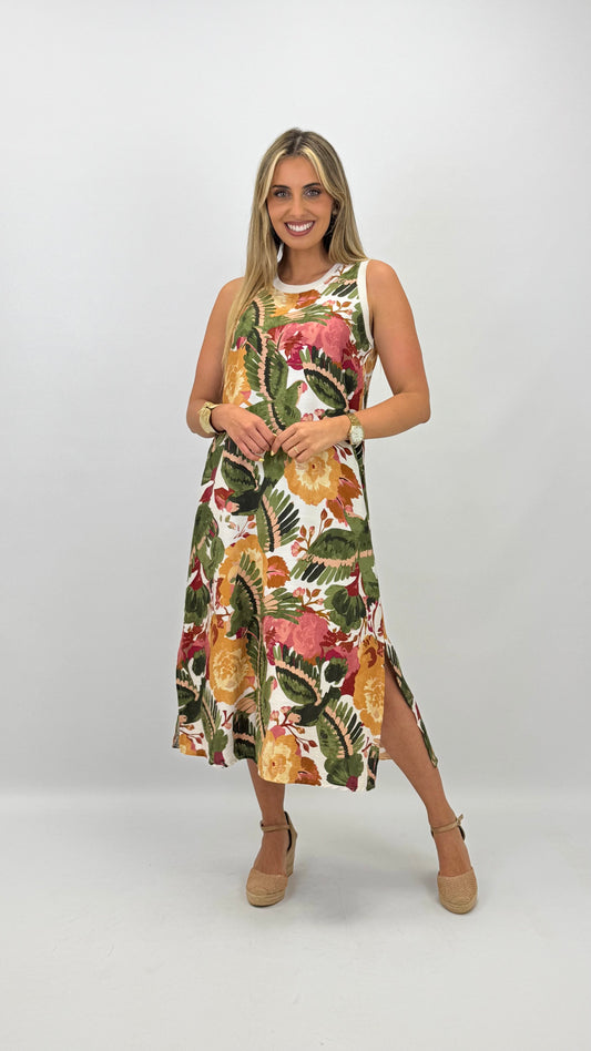 Vestido midi estampado colorido tons verde