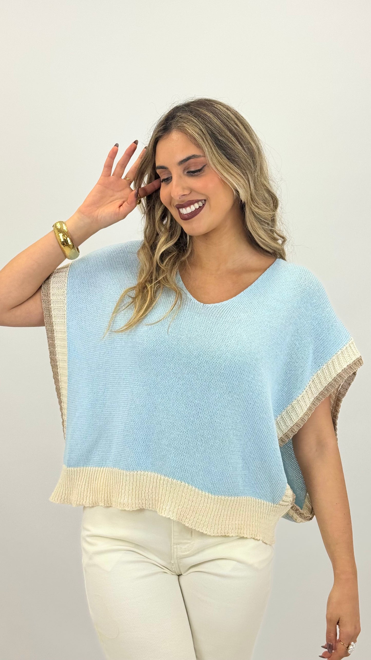 Camisola/colete malha azul-bebé com bege e camel