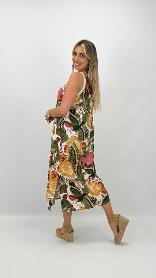 Vestido midi estampado colorido tons verde