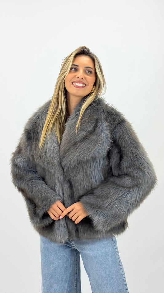 Casaco pêlo sintético mesclado cinza-azulado