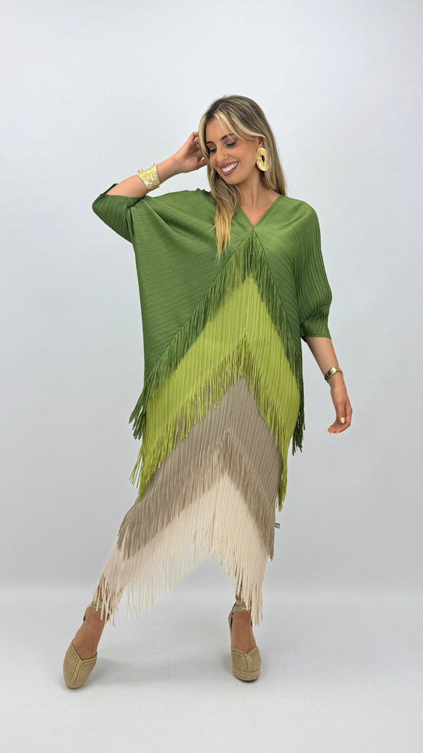 Vestido franjas tons verde hover