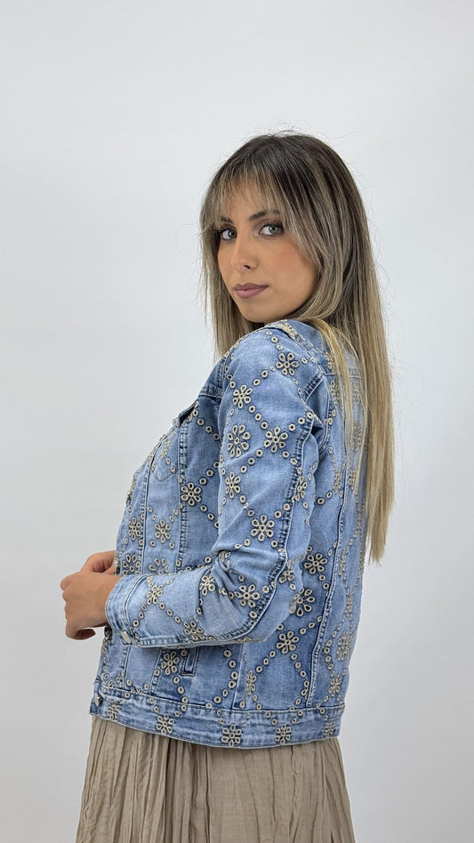 Blusão de ganga com bordados bege