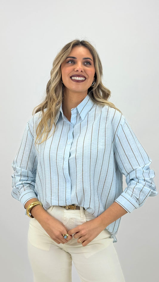 Camisa azul-bebé com risca camel brilho