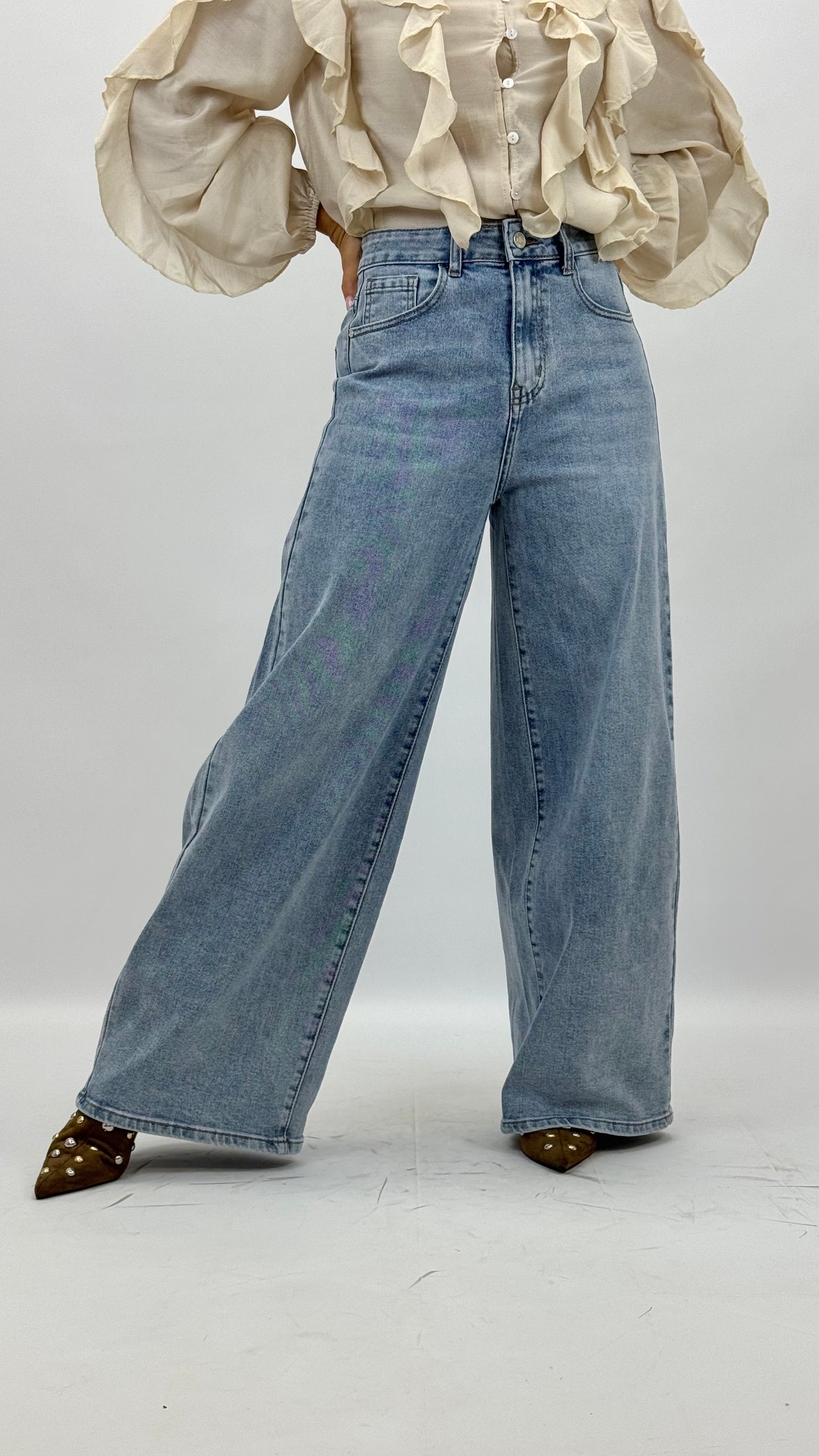 Calça de ganga-clara wide-leg largo