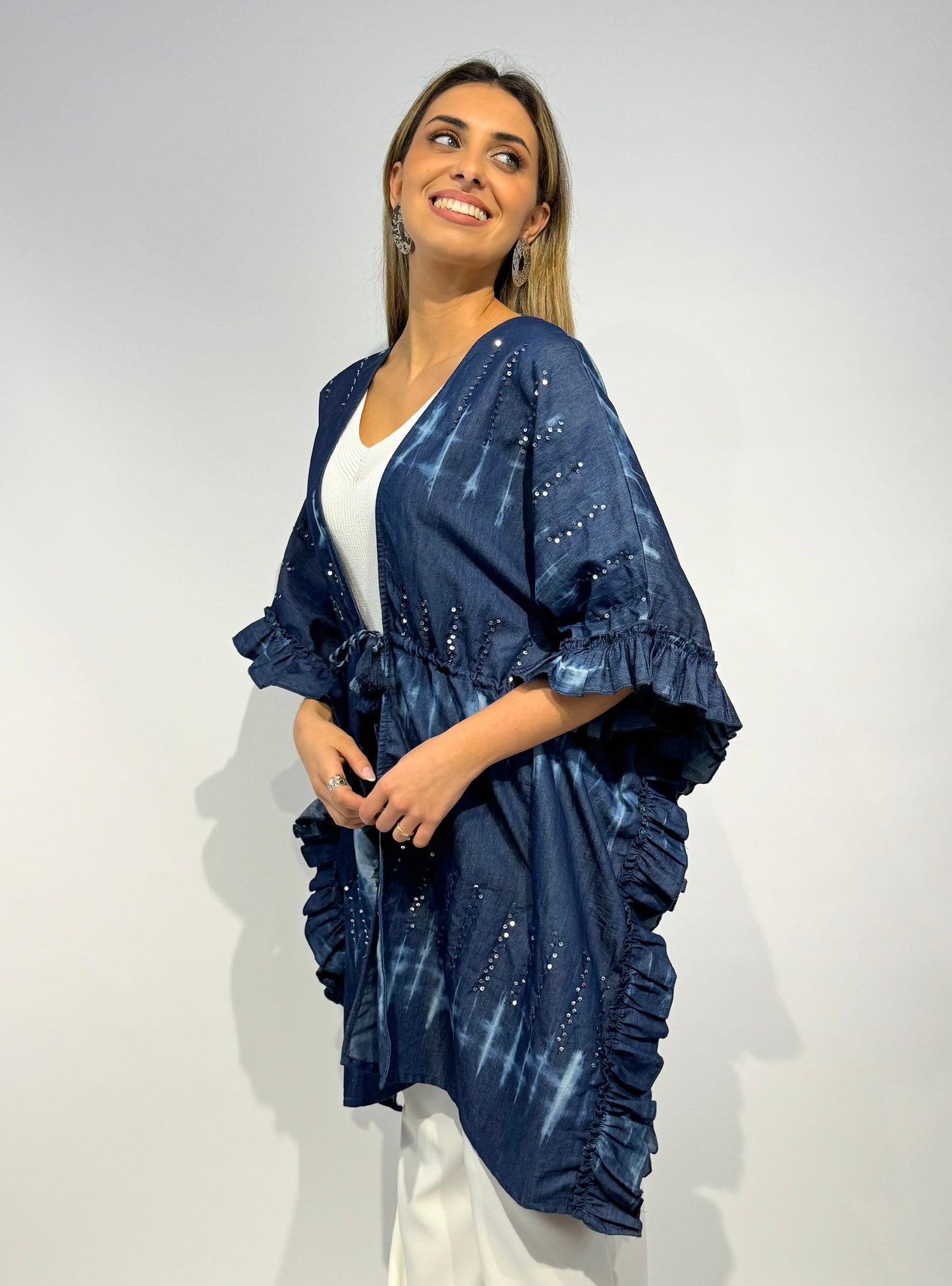Túnica/poncho ganga com folhos e brilhos