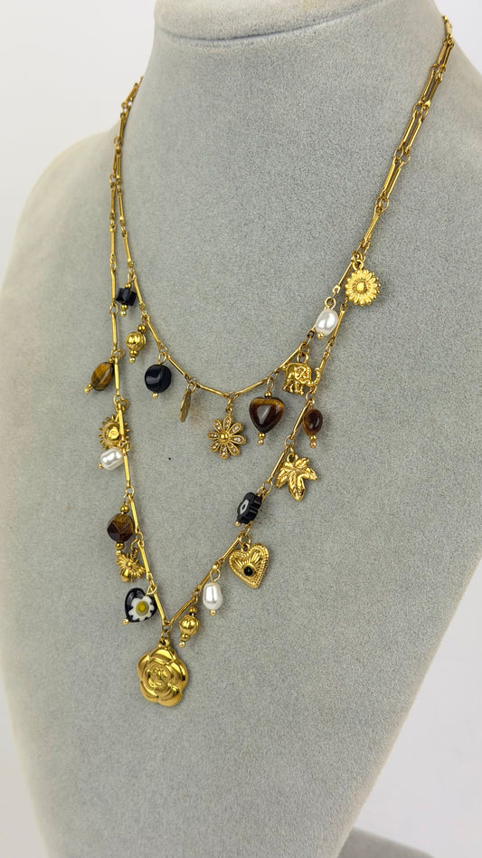 Colar aço dourado pendentes dourados, preto e castanho