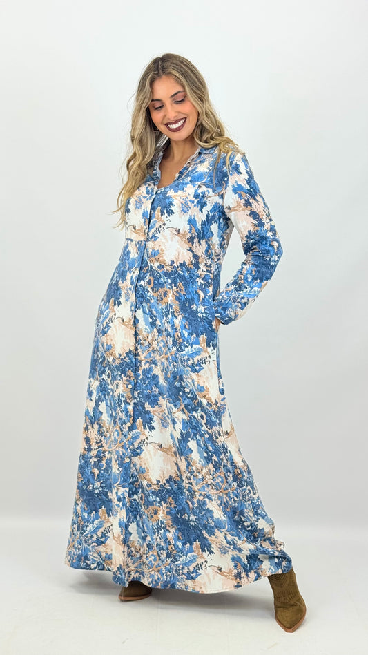Vestido comprido estampado floral azul e bege
