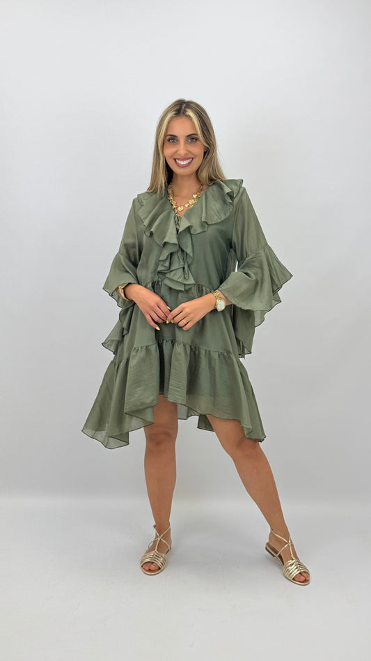 Vestido curto folhos verde