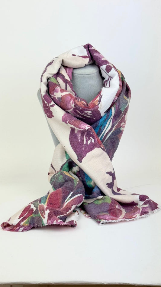 Écharpe fundo pérola desenho tons amora e violeta