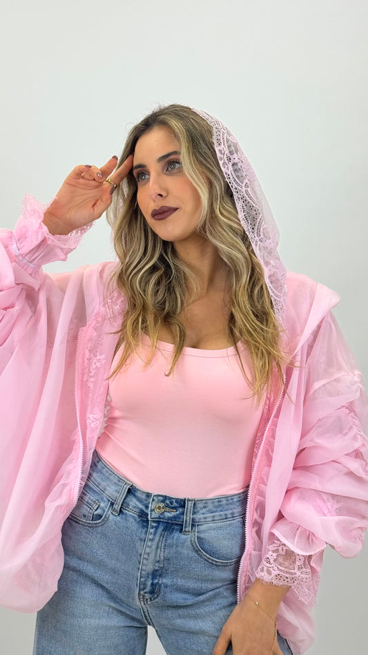 Casaco fino rosa com renda