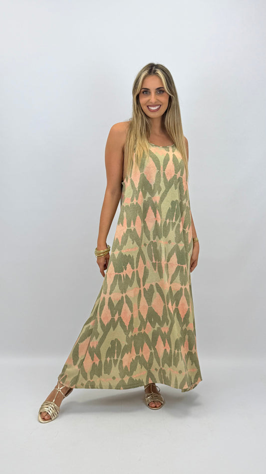 Vestido alças estampado abstrato com brilho tons verde