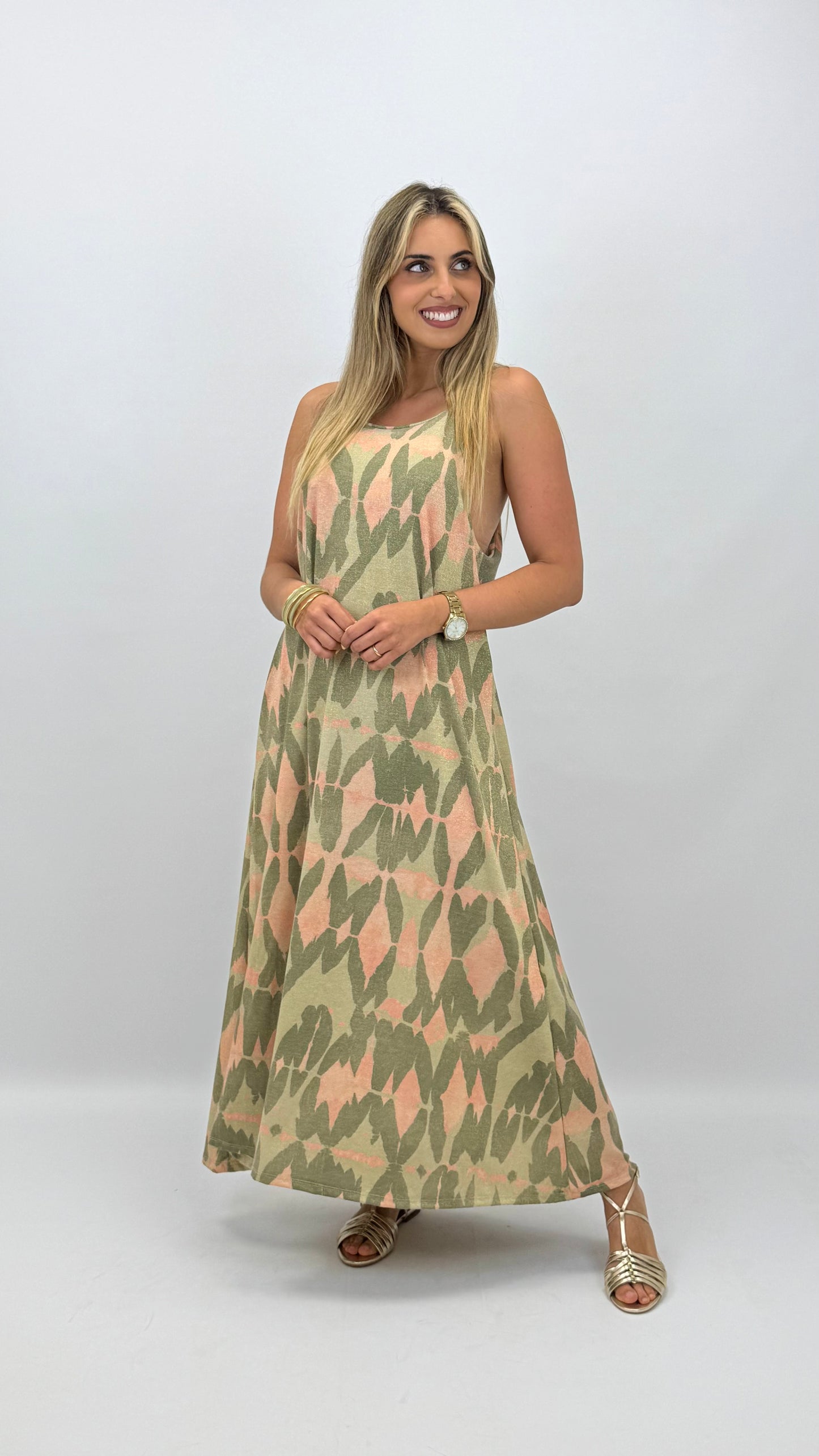 Vestido alças estampado abstrato com brilho tons verde