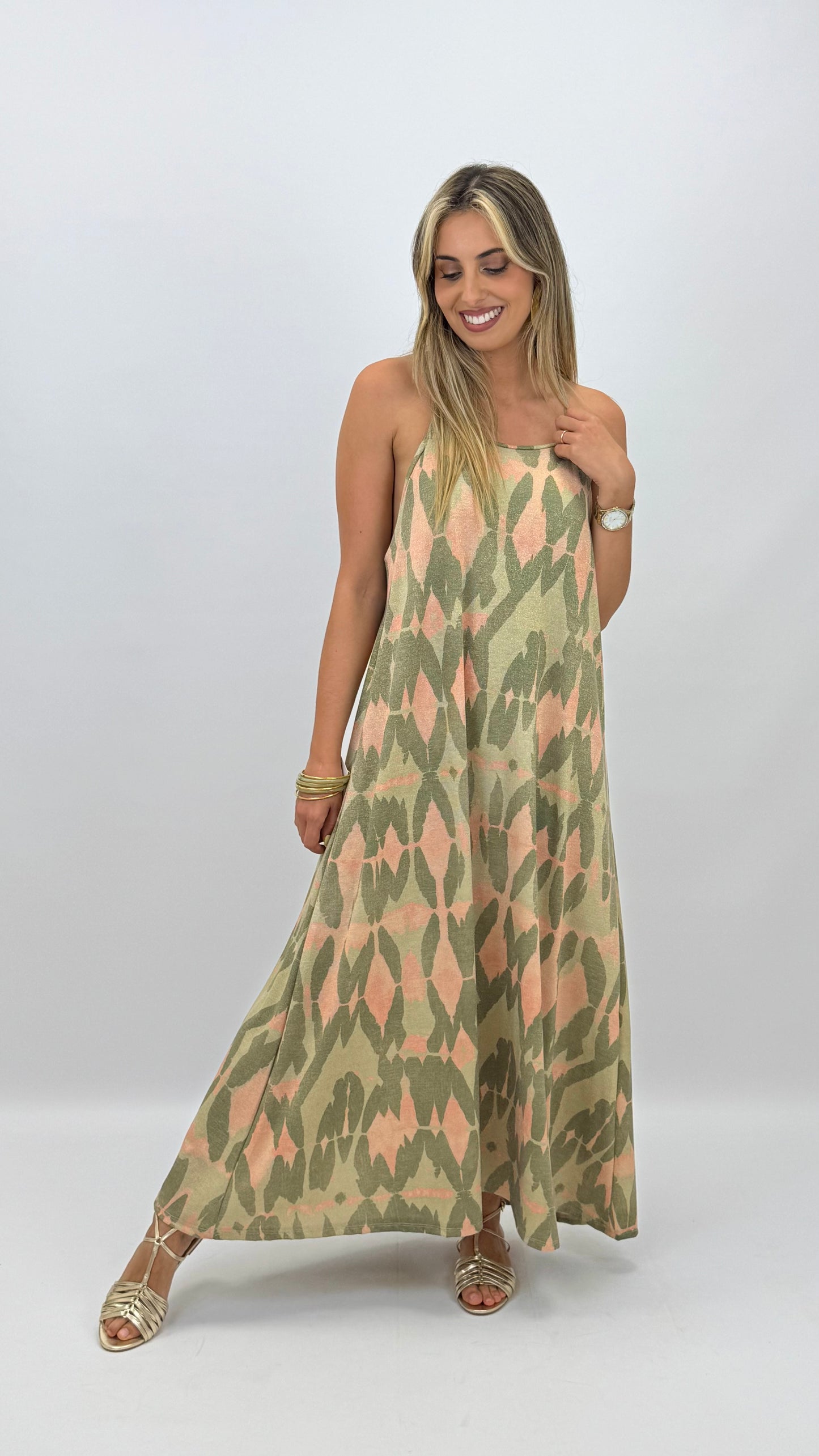 Vestido alças estampado abstrato com brilho tons verde