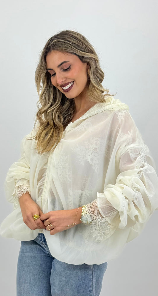 Casaco fino pérola com renda
