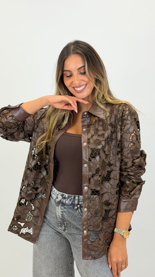Casaco/camisa eco-pele bordado castanho