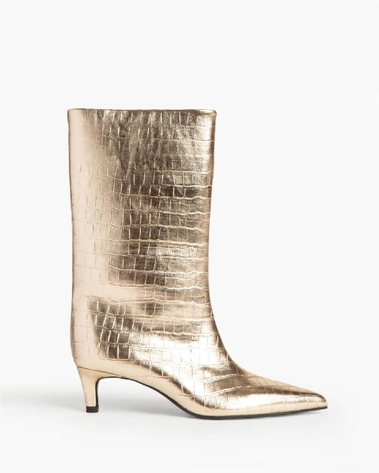 Bota tacão stilleto meio-cano dourado