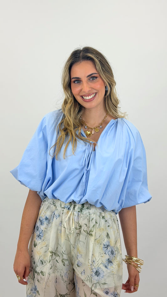 Blusa algodão abalonada azul-bebé