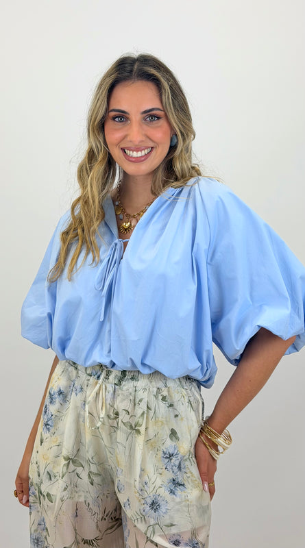 Blusa algodão abalonada azul-bebé