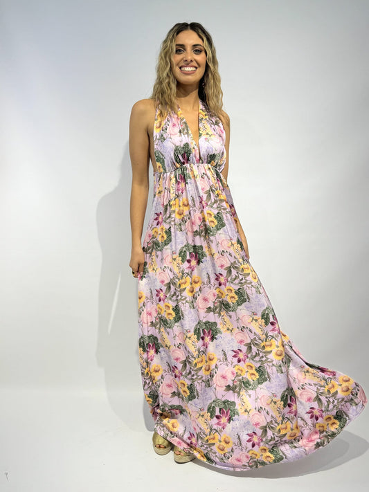 Vestido comprido estampado floral tons lilás
