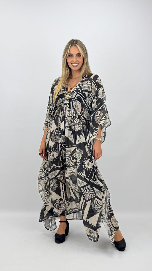 Kaftan étnico tons preto e bege