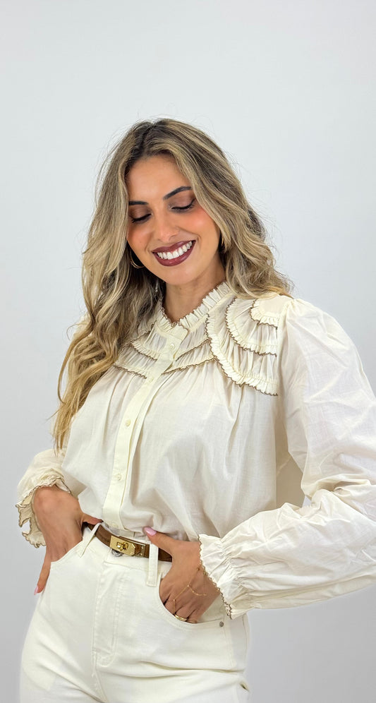 Blusa creme com folhinhos debruados a camel