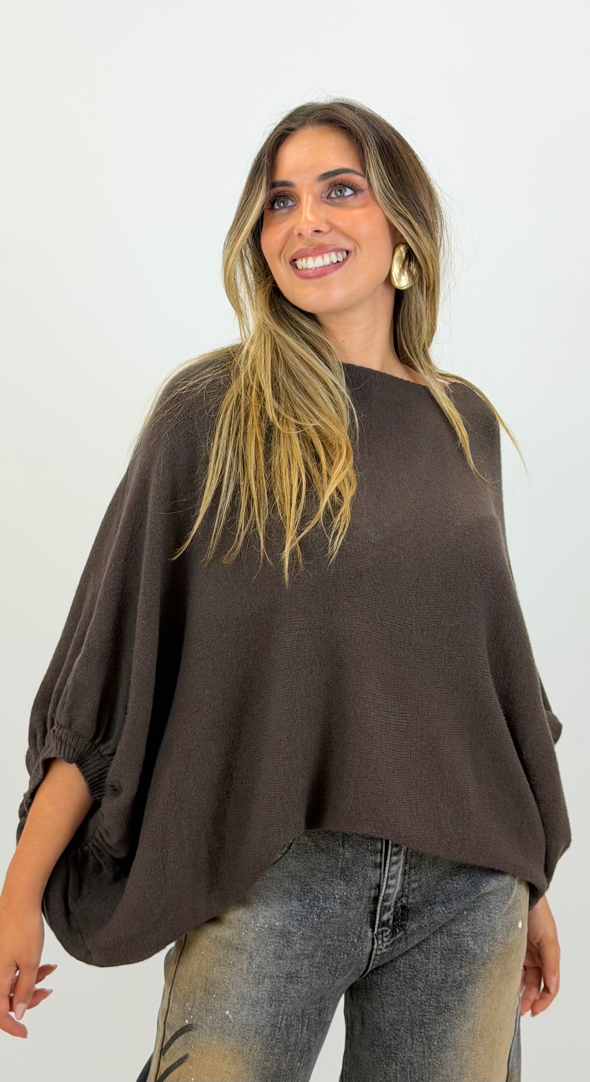 Camisola malha larga fofa castanho