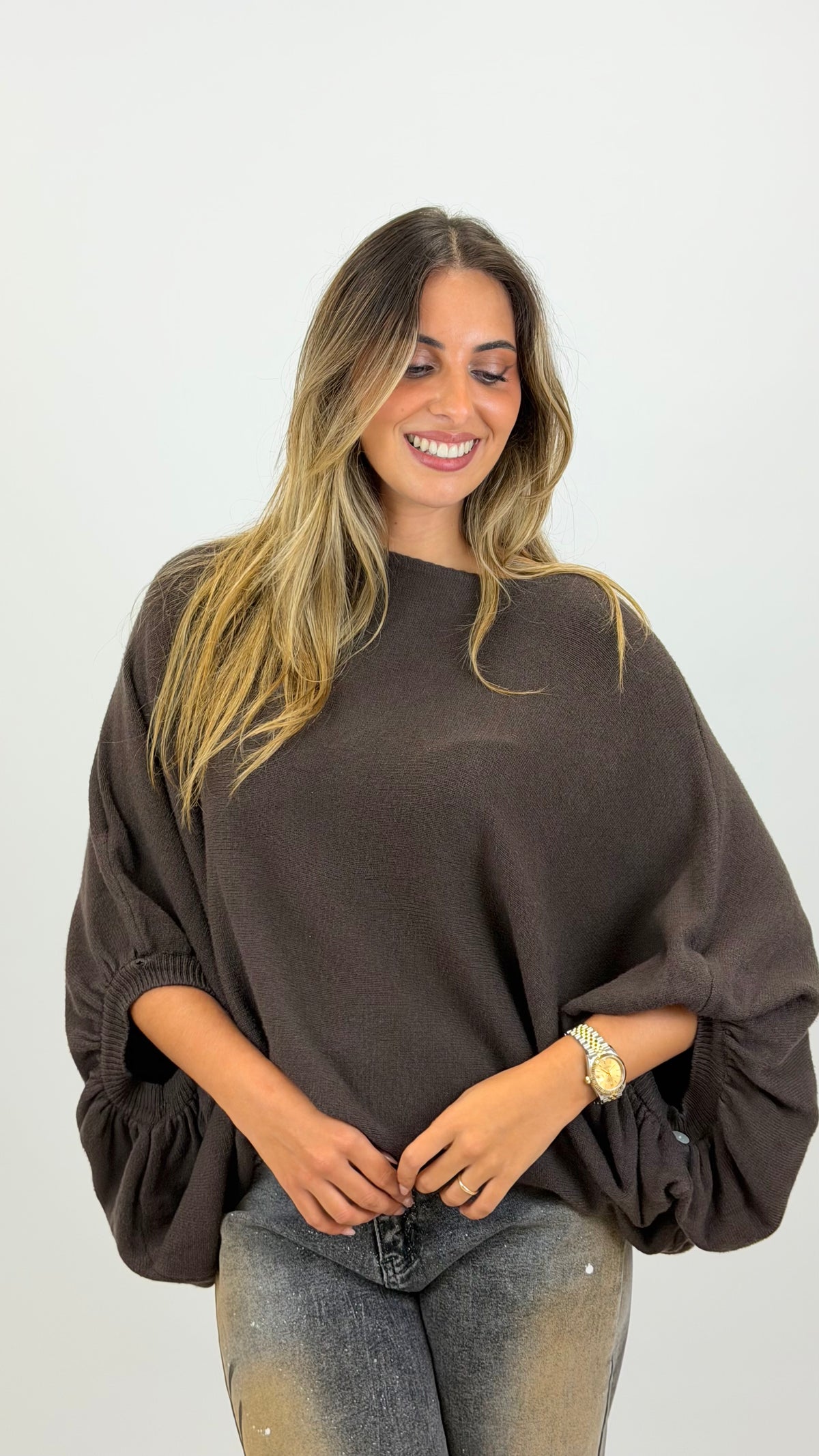Camisola malha larga fofa castanho