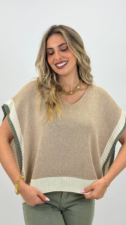 Camisola/colete malha taupe com bege e verde