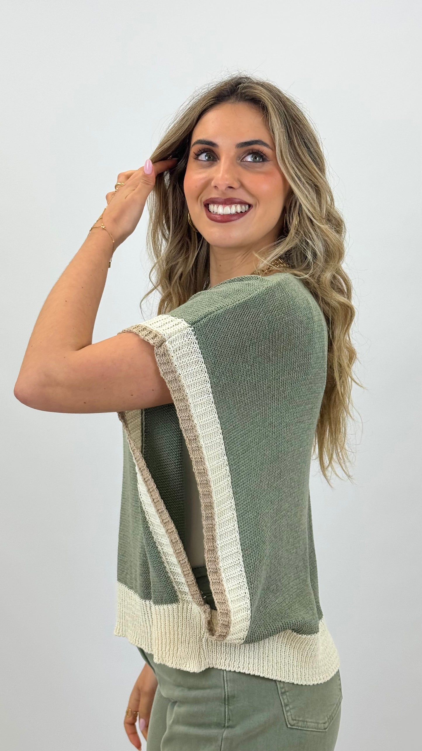 Camisola/colete malha verde com bege e camel