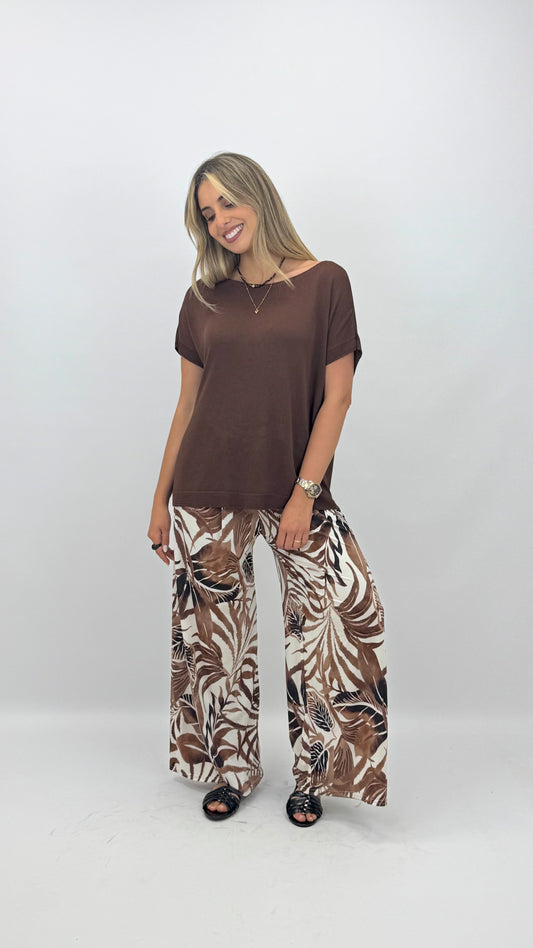 Pantalona malha-fria tons castanho