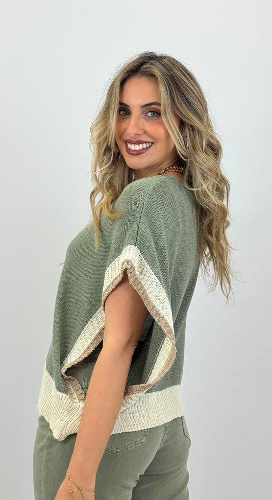 Camisola/colete malha verde com bege e camel