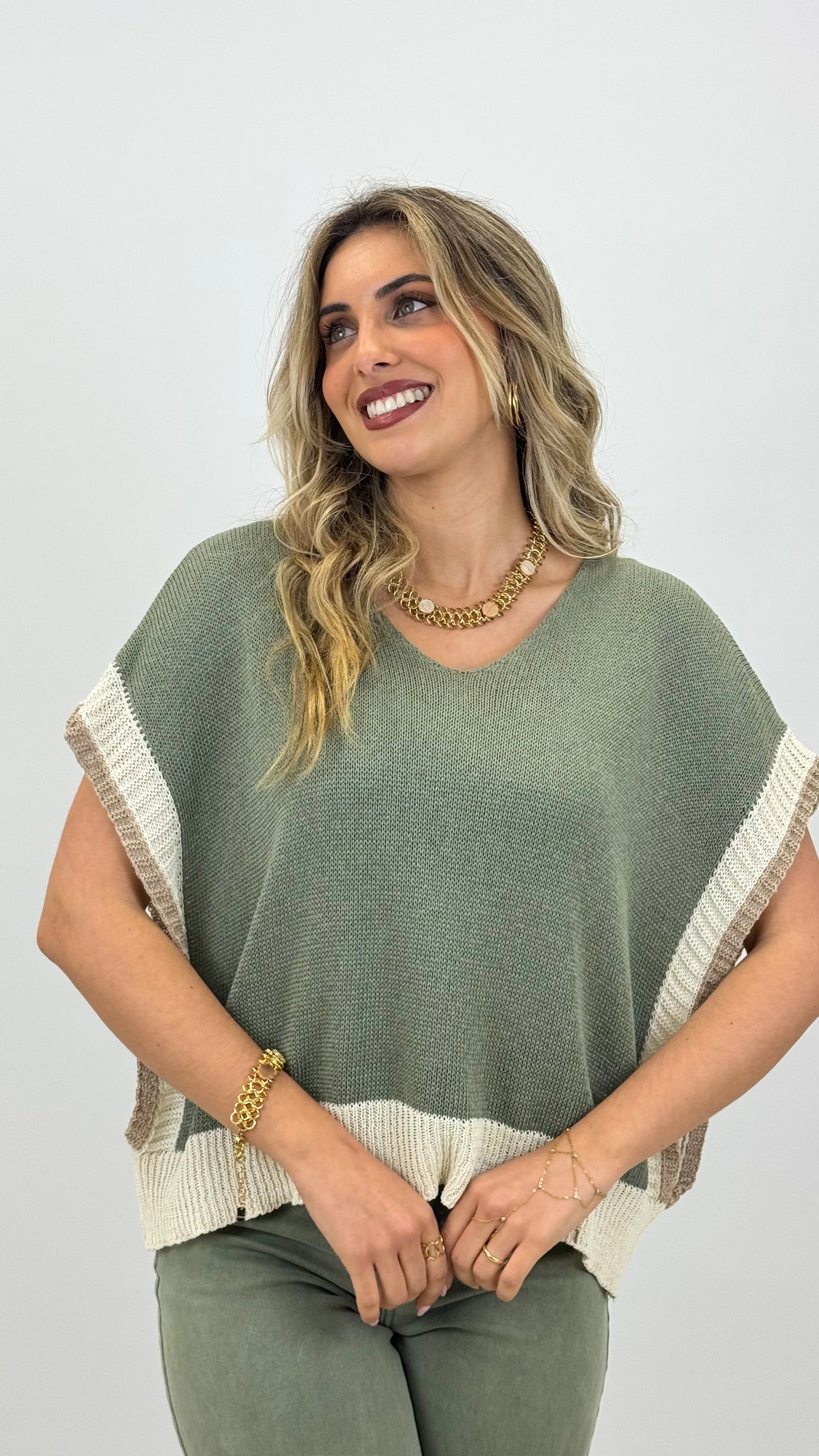 Camisola/colete malha verde com bege e camel