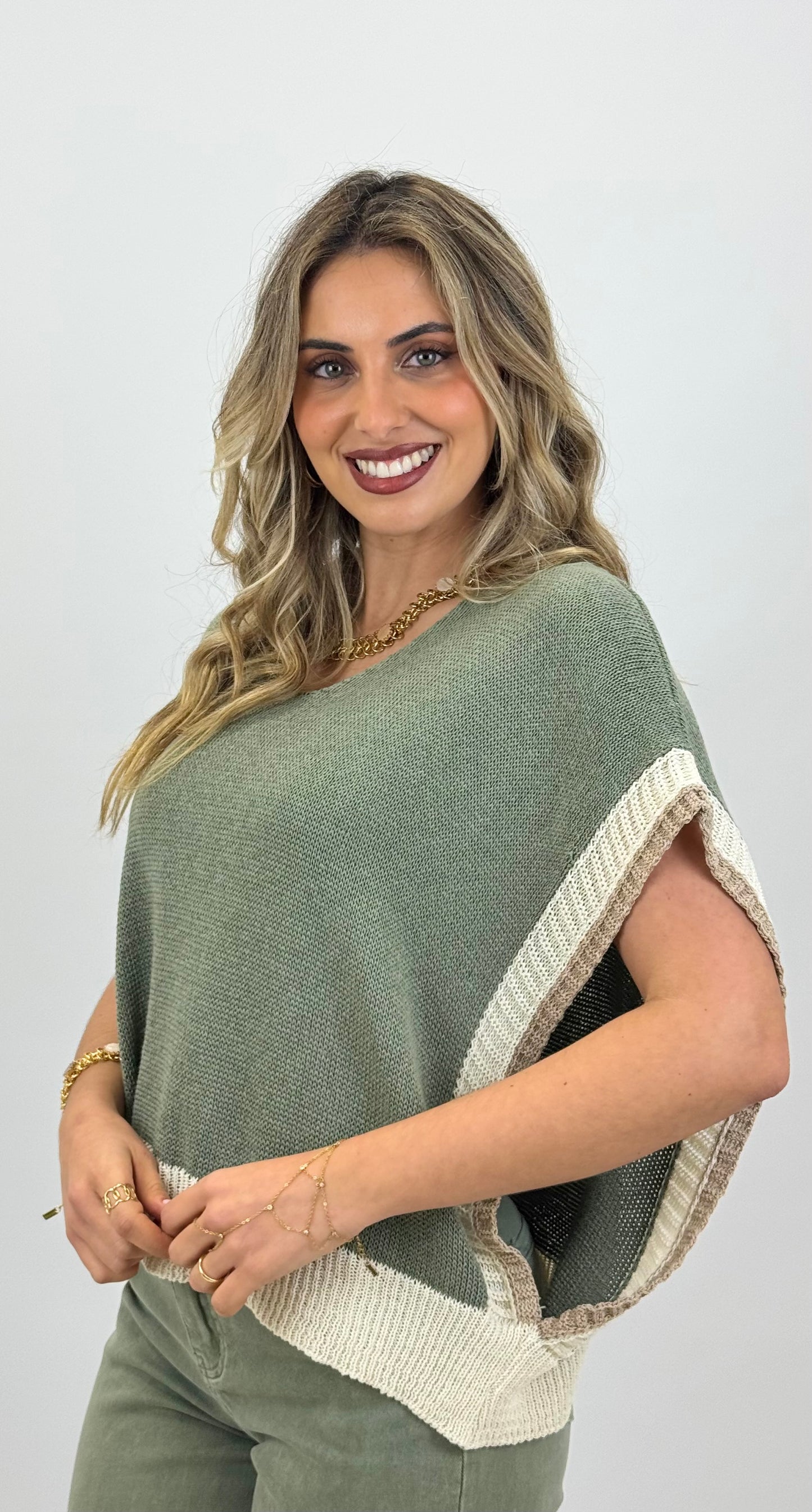 Camisola/colete malha verde com bege e camel