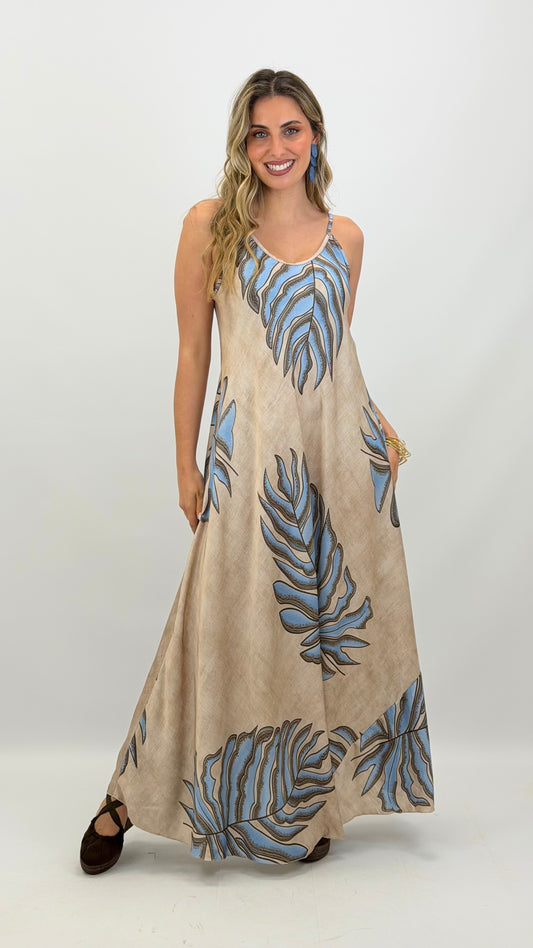Vestido alças estampado folhas palmeira azul e castanho