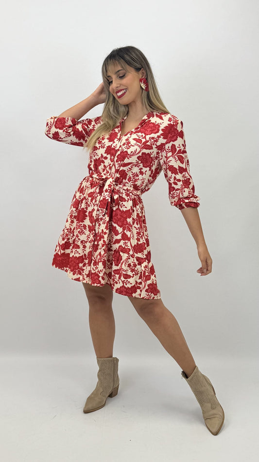 Vestido curto floral tons vermelho