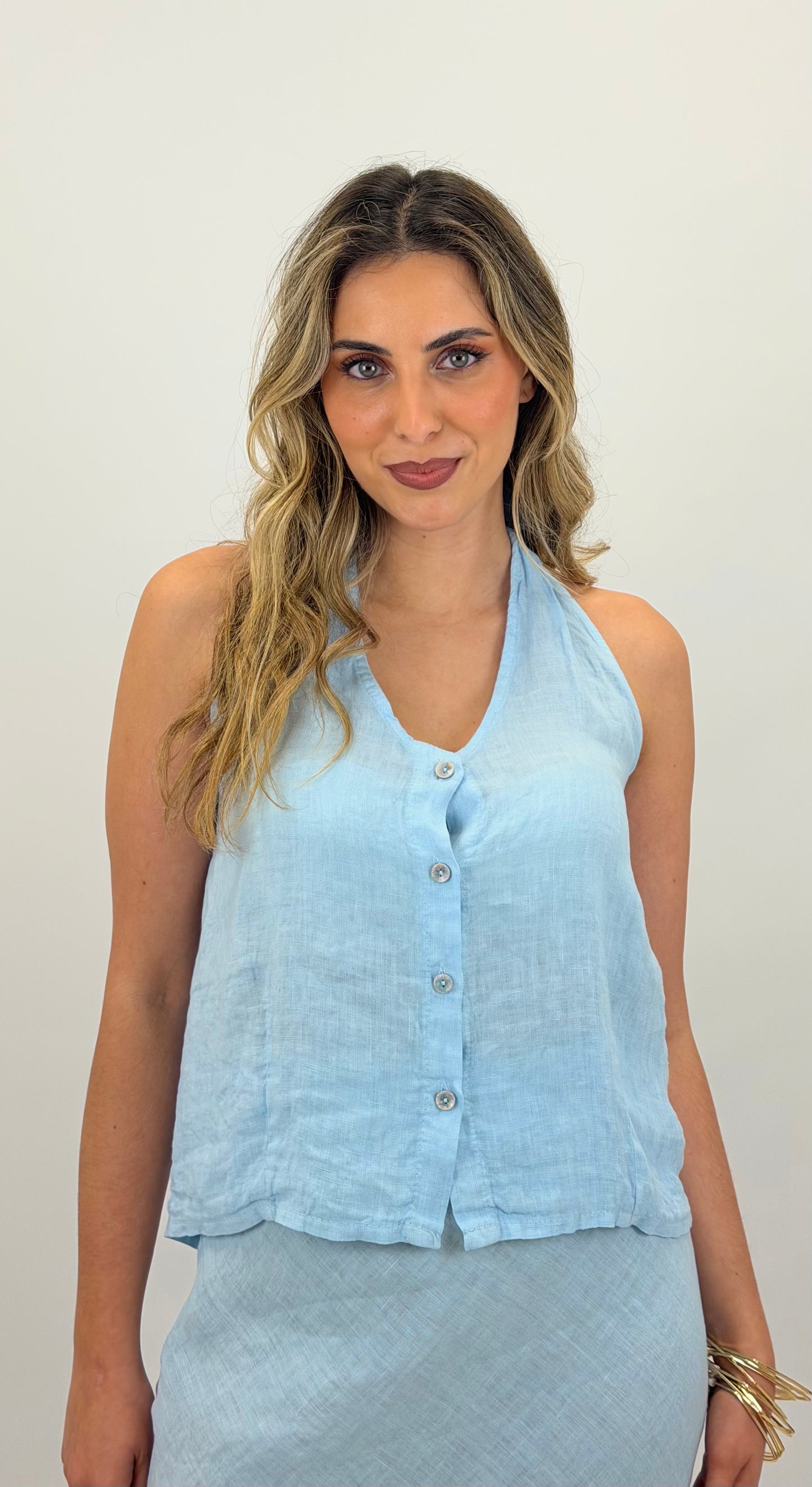 Top estilo colete linho azul bebé