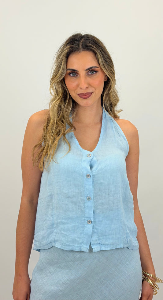 Top estilo colete linho azul bebé