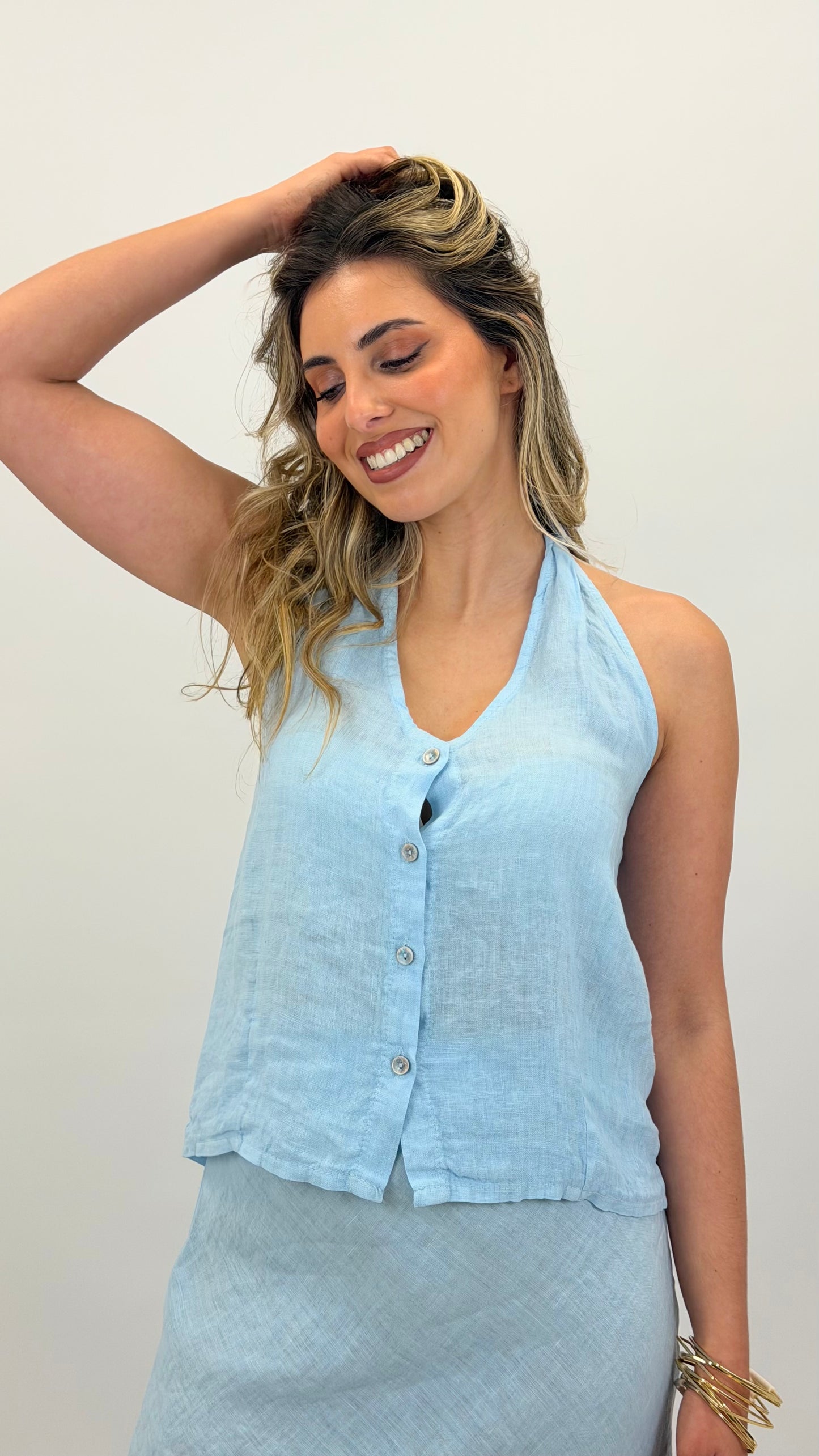 Top estilo colete linho azul bebé