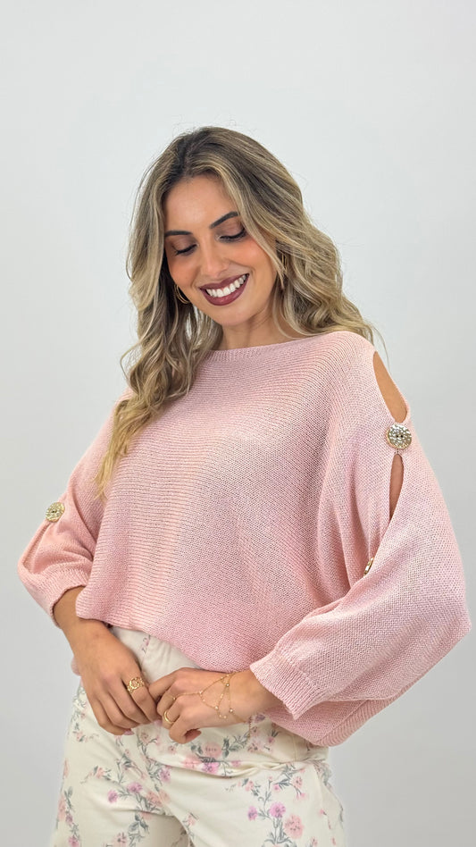 Camisola meia-estação rosa com detalhes dourados na manga