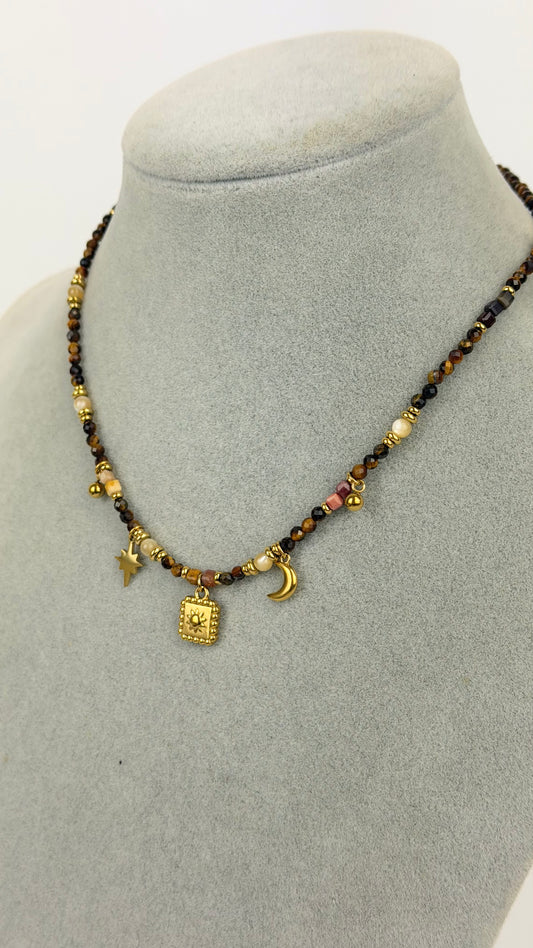 Fio aço dourado missangas castanhas com pendentes
