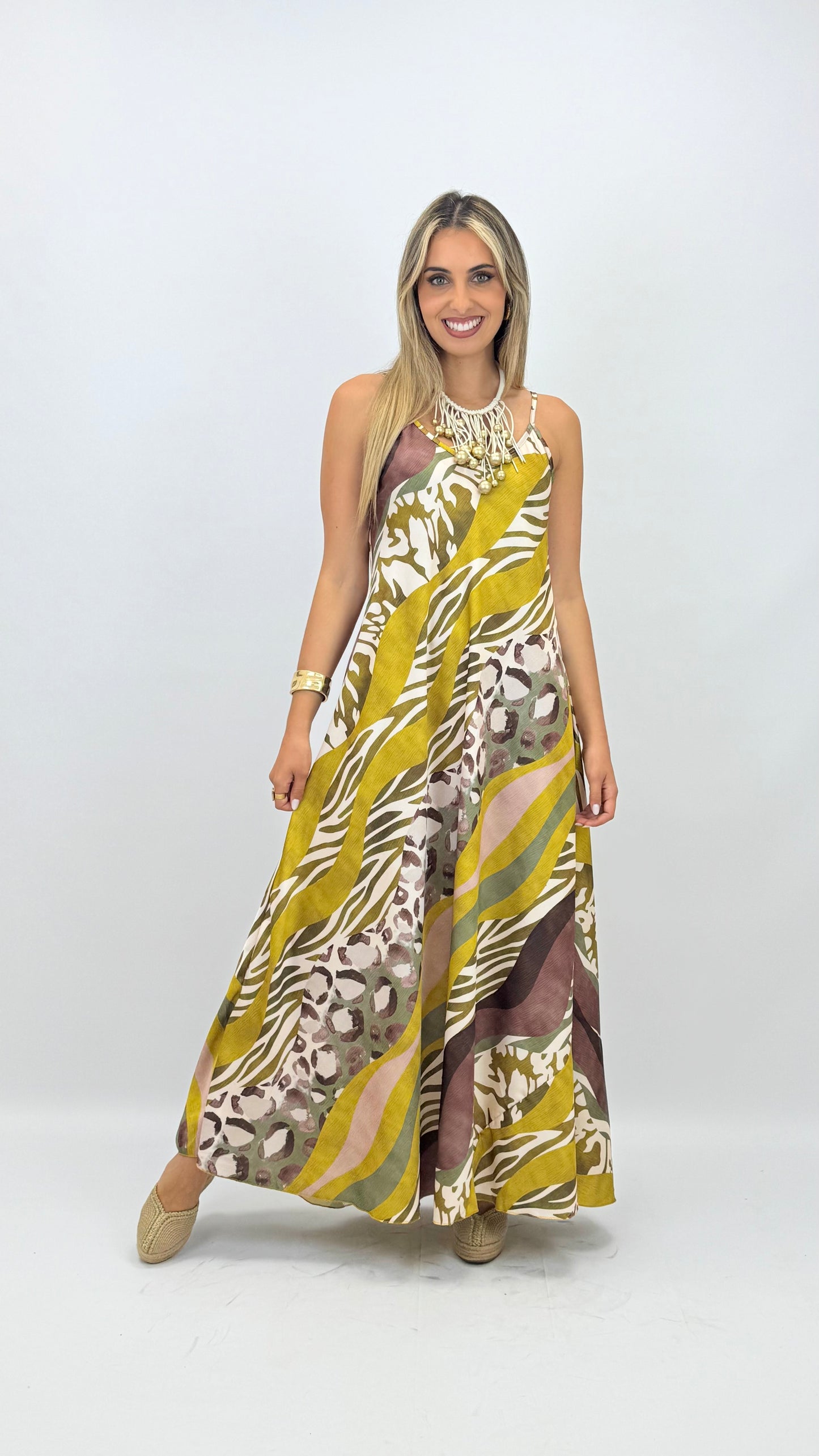 Vestido acetinado animal-print tons verde-lima