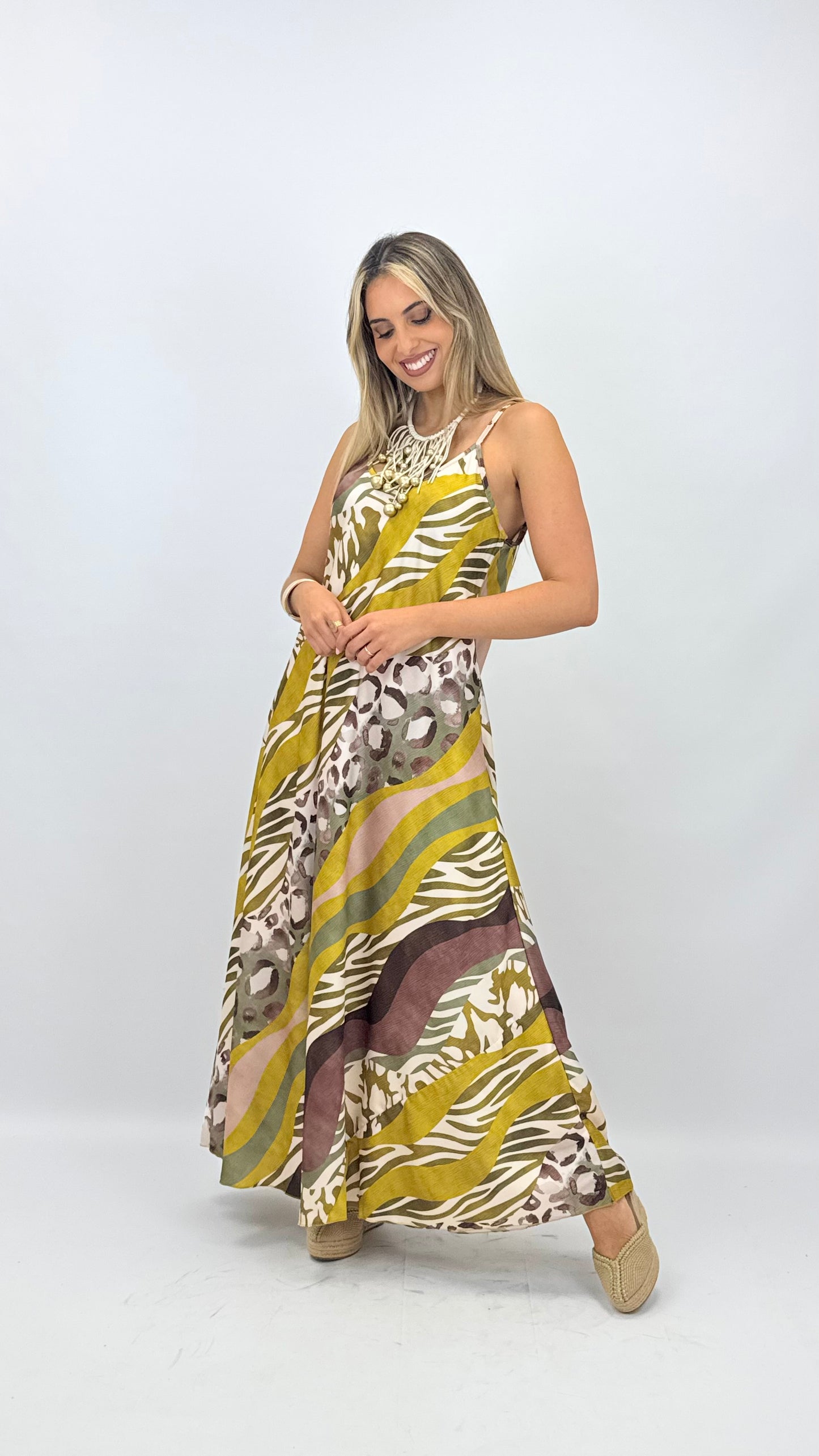 Vestido acetinado animal-print tons verde-lima