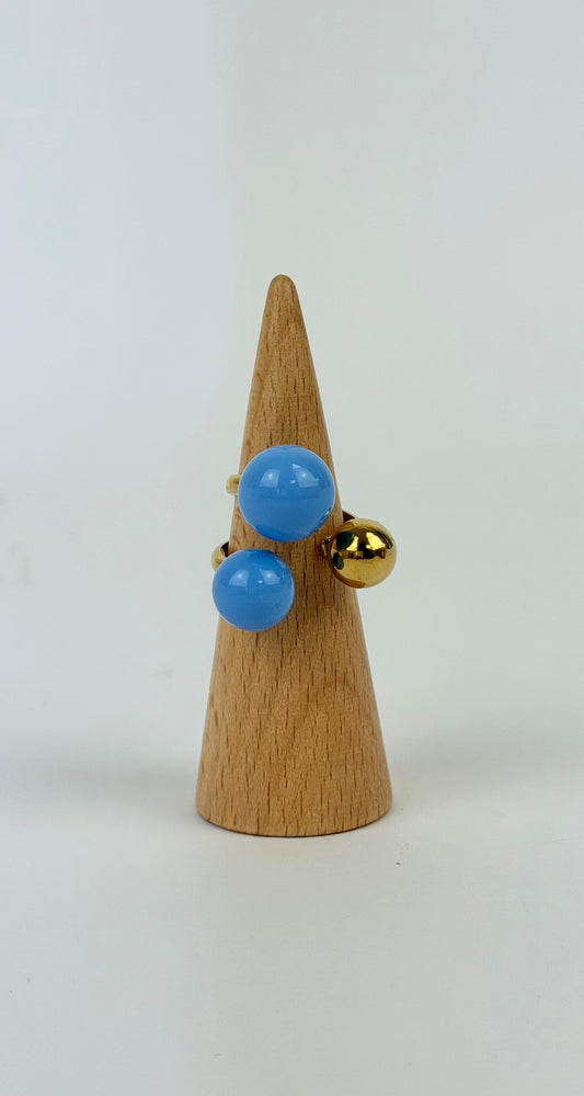 Anel aço dourado ajustável bolas azul-celeste