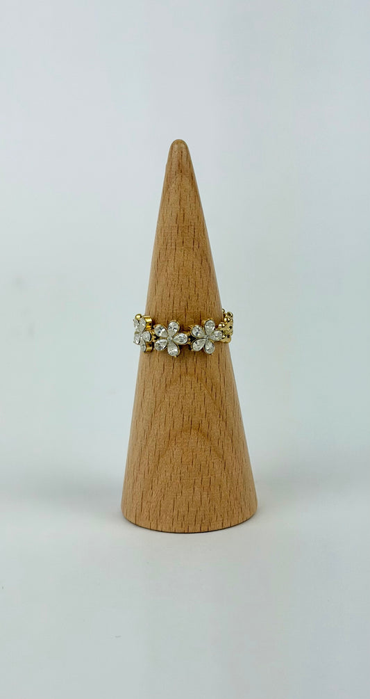 Anel aço dourado ajustável florzinhas com brilhos