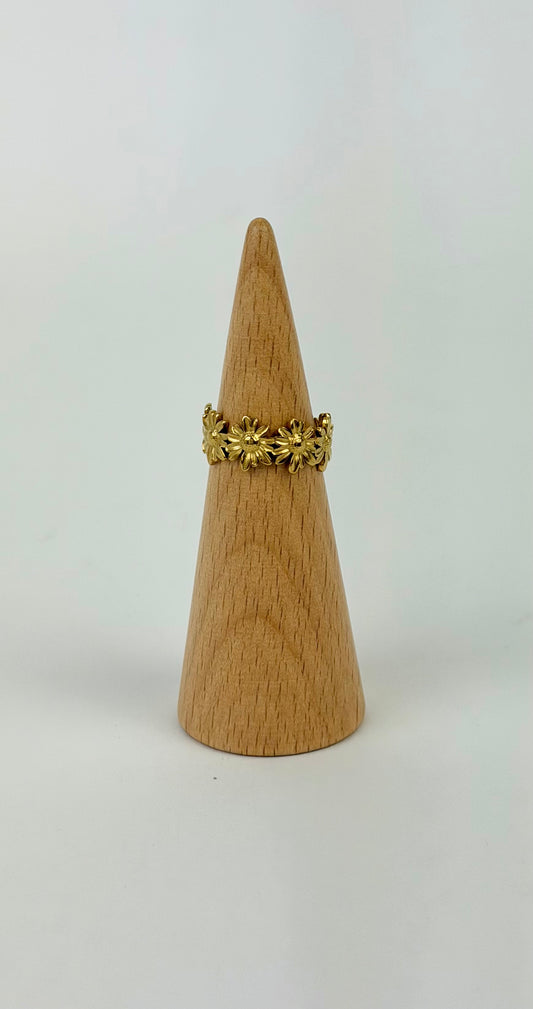 Anel aço dourado ajustável florzinhas