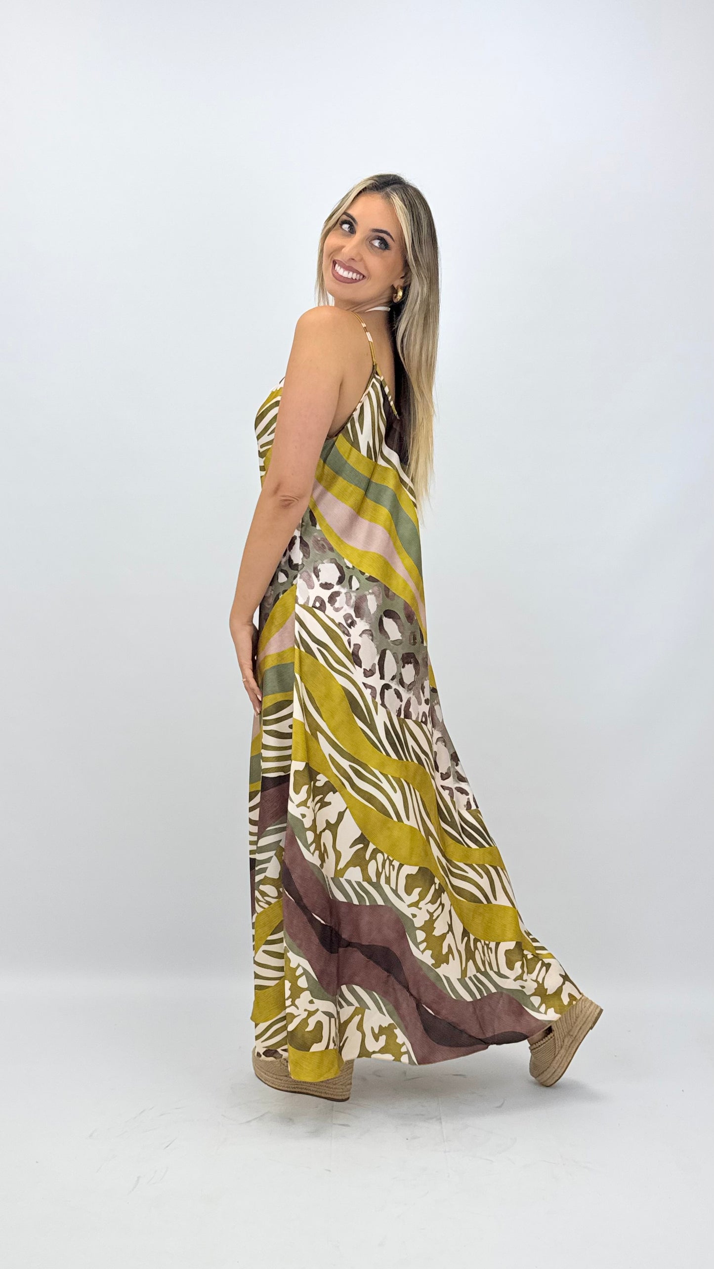 Vestido acetinado animal-print tons verde-lima
