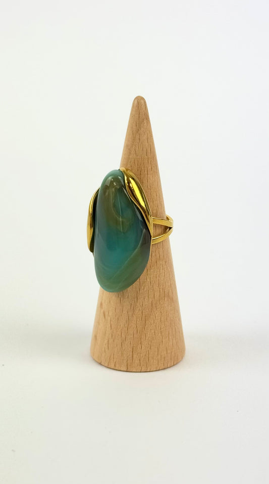 Anel aço dourado pedra verde